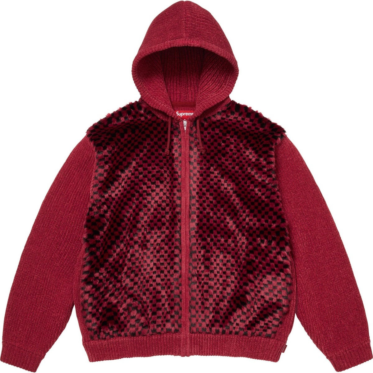 Supreme Checkerboard Faux Fur Zip Up Hooded Sweater 2colors 26SS