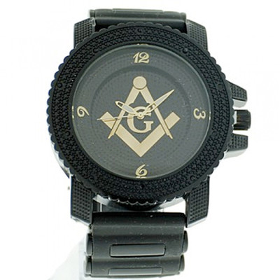 Masonic Watches - Black Silicone Band - Free Masons Numerical Black Gold Face