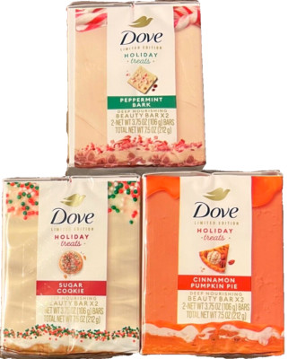 Set of 3 Dove Holiday Treats 2 Ct Beauty Bar Peppermint Sugar Cookie Pumpkin Pie