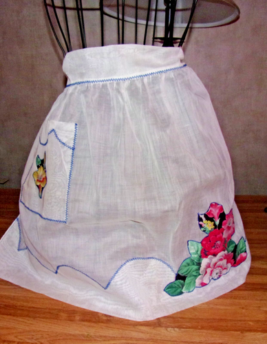 Wearable Art hostess half apron sheer white with applique flowers