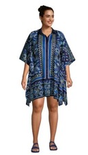 Lands End Cover Up Xs 2-4 Blue Kaftan Tunic Cotton Poplin Button Down Paisley