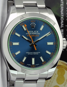 ROLEX-Stainless-Steel-Milgauss-BLUE-Index-Dial-amp-GREEN-Crystal-116400-SANT-BLANC