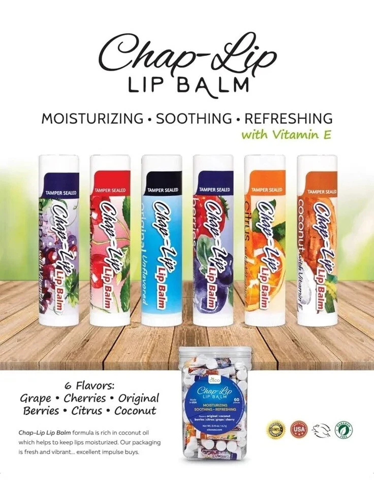 Bálsamo labial Chap com vitamina E, variedade de 6 sabores refrescantes, 60 unidades - Imagem 2 de 3