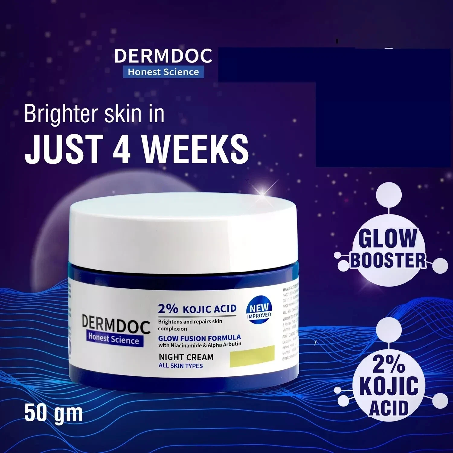 DERMDOC 2% Kojic Acid Glow Fusion Formula Night Cream (50gm) All Skin Types