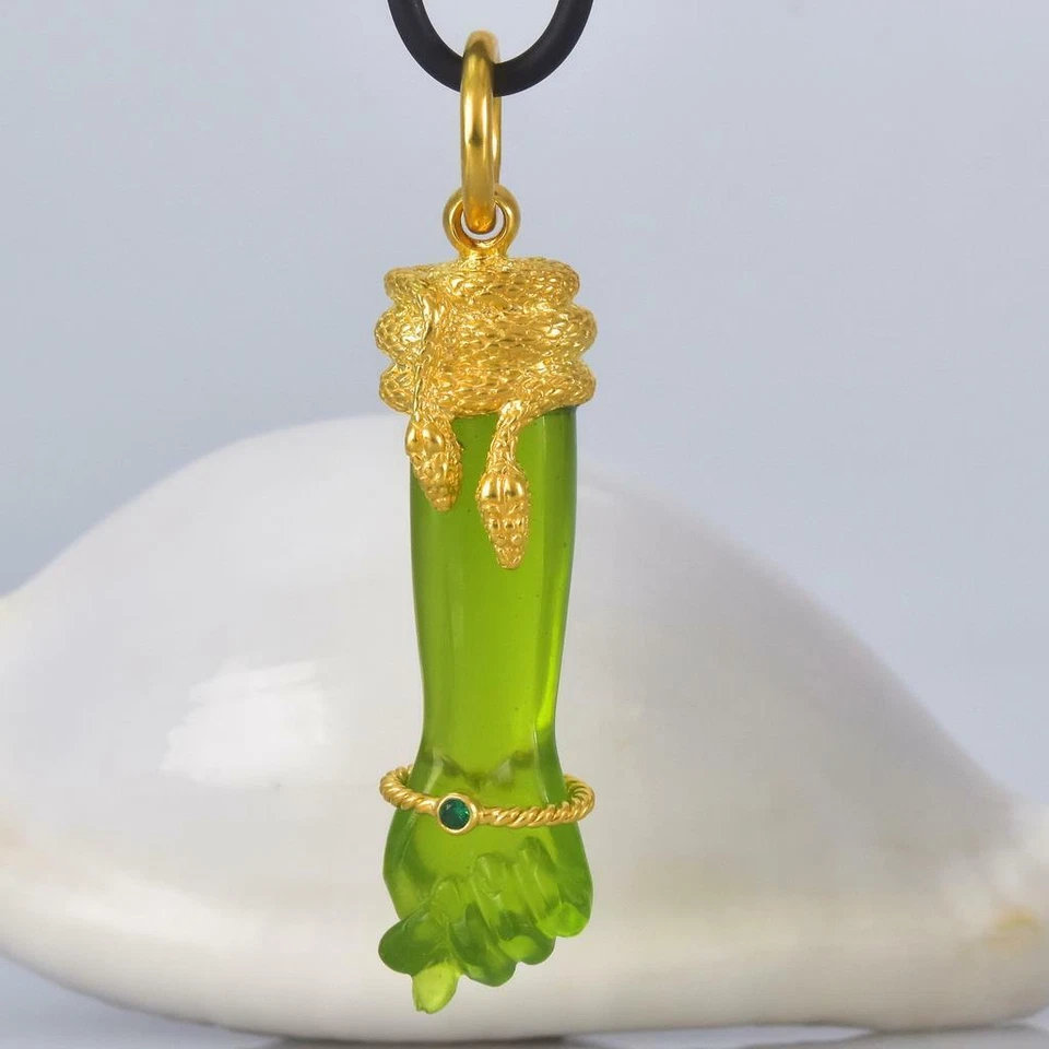 Gold Vermeil Sterling Mano Fico Figa Anhänger Geschnitzt Chalzedon Smaragd 10.63 - Bild 2 von 4