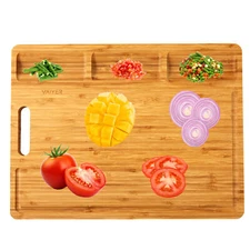 Vaiyer Bamboo Wood Cutting Board For Kitchen, With 3 Built-in Compartments