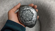 Hand Painted Rock / Stone - Mandala silver black gray large