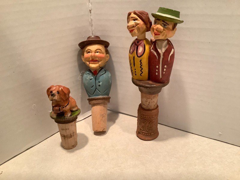 Vintage carved wooden cork bottle stoppers, set of 3 different