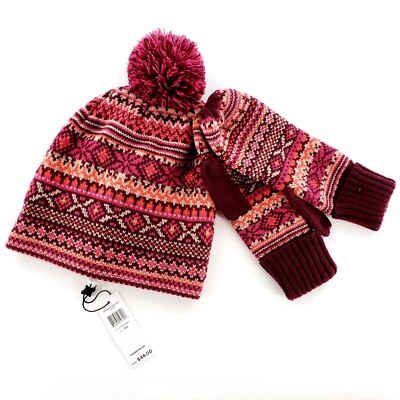 BCBGeneration Winter Knitted Beanie Mittens Gift Set One Size Burgundy  New $48