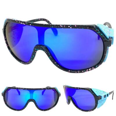 Übergröße Retro Sportlich Wrap Shield Sonnenbrille Groß Schwarz Rahmen Blau Glas