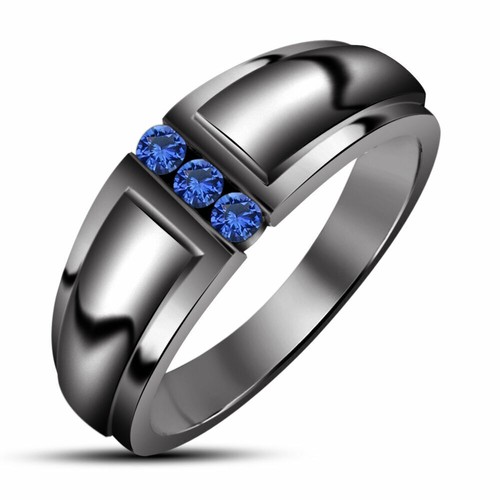 1.50 Ct Blue Sapphire Men's Wedding Band Ring Black Rhodium In 925 Sterling SIL - Picture 2 of 4