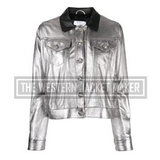 Silver Metallic Leather Jacket For Women, Trucker Jackets Womens, Get 20% Discou