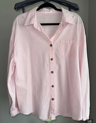 HOTOUCH Women s Size L Pink Cotton Woven Collared Button-Front Long Sleeve Top