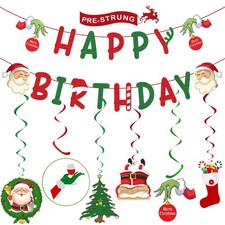Glittery Happy Birthday Banner  Christmas Hanging Swirls with Ornaments for ...