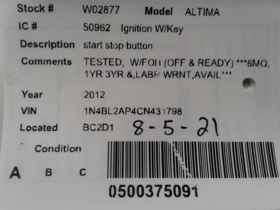 Used Ignition Switch fits: 2012 Nissan Altima AT CVT push button switch Grade A - Image 4 of 4