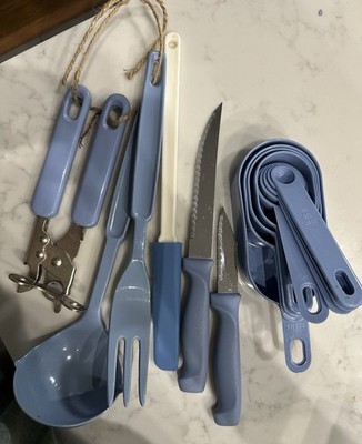 Blue Cooking Utensil Set   Knife, Ladle, Fork, Can Opener, Measuring Spoons