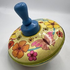 Vintage OHIO ART Tin Litho Toy Spinning Top Bluebird, Butterflies  Flowers