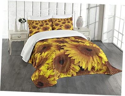  Sunflower Bedspread Set, Vintage Rustic Grunge Sunflowers King Yellow Ginger