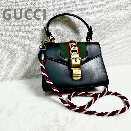 GUCCI Sylvie 2-Way Leather Mini Handbag Black Formal Gold Chain No reserve