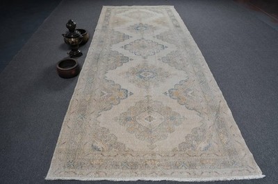 Turkish Vintage Runner Rug 4,8x12,5 ft, White Floral Rug Wool