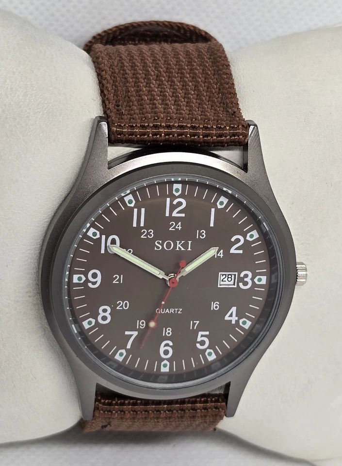Reloj Hombre SOKI EE. UU. Militar Ejército Calendario Analógico Cuarzo Marrón Lona Banda 07 Foto 3 de 4