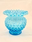 FENTON ART GLASS BLUE OPALESCENT HOBNAIL DOUBLE CRIMPED 4" VASE