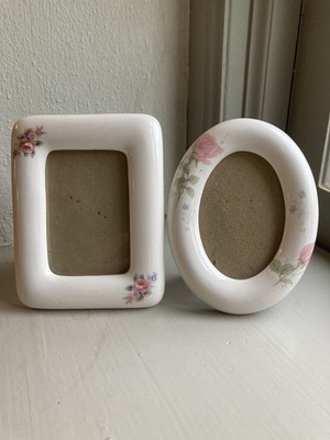 Set of 2 Vintage Sm Porcelain Floral Picture Frames Oval & Rectangle Shabby Chic