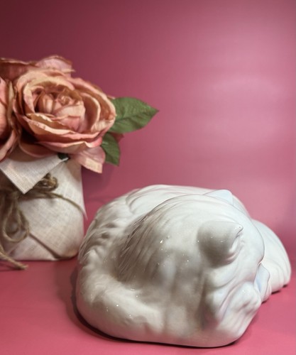 Vintage Ceramic Sleeping Cat Figurine White Glazed 11” MCM Persian Cat - Picture 8 of 22