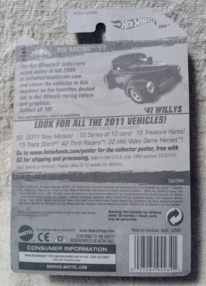 HOT WHEELS #152 '41 WILLYS Black Variant w/Redlines, HW Racing '11 - Image 4 of 4