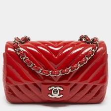 Chanel Red Chevron Patent Leather New Mini Classic Flap Bag