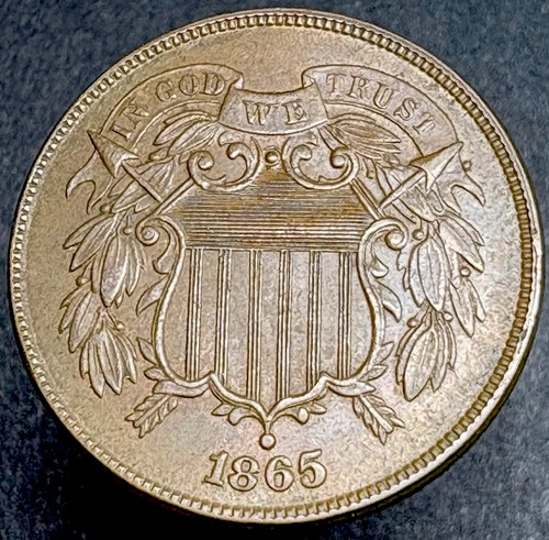 1865 2-Cent Fancy 5 Beautiful US Civil War Ear Coin Au++near UNC