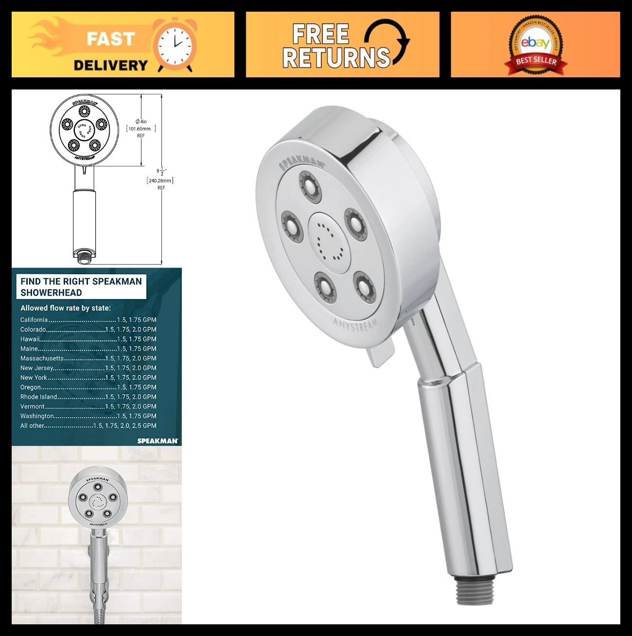 High Pressure Handheld Shower Head with Hose, Polished Chrome, 2.5 GPM, Anystrea