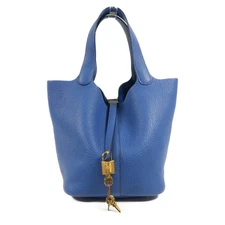 HERMES GHW Picotin MM Hand Bag/Bucket Tote Bag Clemence Leather Blue France