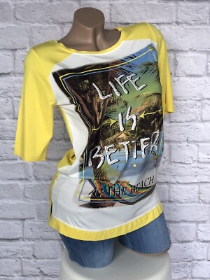 MXO Damen Shirt ''Life is better'' Gr. 36 38 40 neu mit Strass Stretch Gelb 