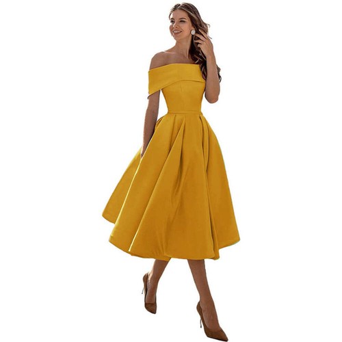 Women's Fashion Casual Strapless Satin Party Dress Off The Shoulder Tea Length S - Picture 103 of 106
