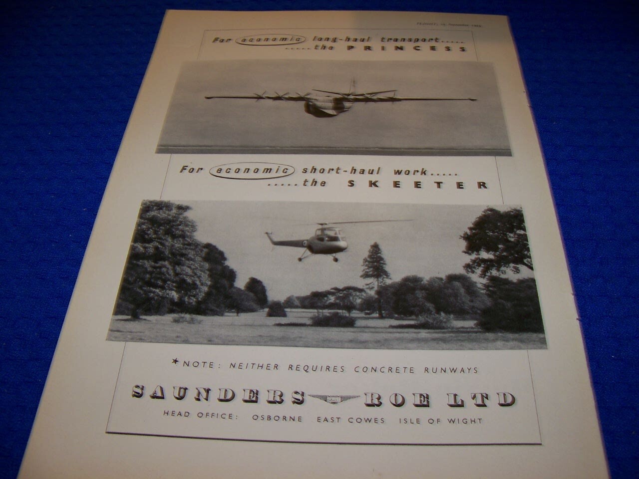 1953 Saunders-Roe Princess & Skeeter Long/Short Haul 1-Page Sales Ad 24mm