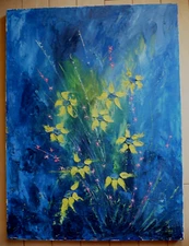 RAU, EXPRESSIONIST MODERNISM YELLOW FLORAL FLOWERS BLUE ABSTRACTION VINTAGE OIL