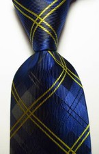 New Classic Checks Dark Blue Yellow JACQUARD WOVEN Silk Men's Tie Necktie