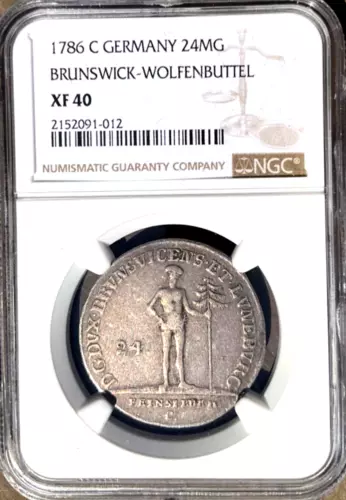 1786 C German States Brunswick Wolfenbuttel 2/3 Taler 24 MG NGC XF 40, Germany