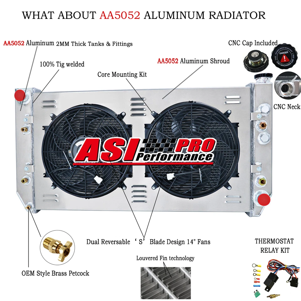 Ventilador de cubierta de radiador de 4 filas apto para Chevy C10 K10 R1500 198219-93 GMC C1500/C2500 6,2 L Foto 2 de 4