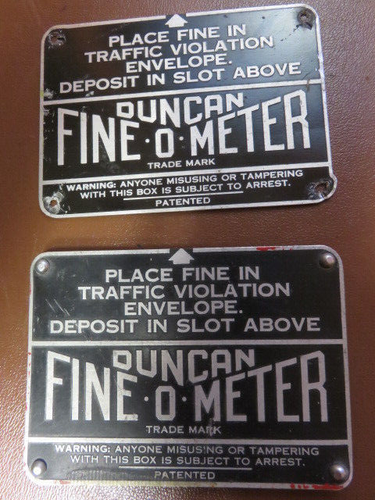 2 DUNCAN PARKING METER FINE-O-METER INSTRUCTION PLATES Original