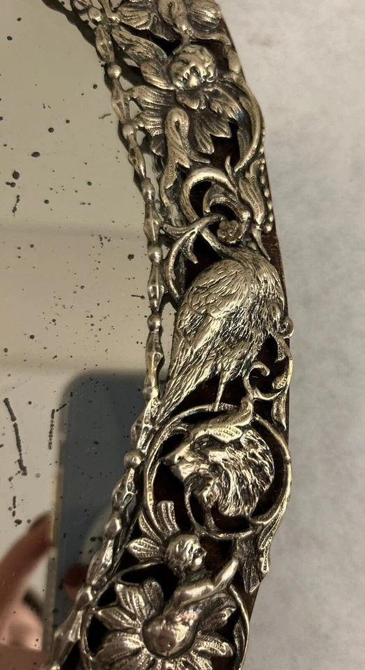 Antique Sterling Silver And Wood Heart Shaped Vanity Mirror - Image 3 of 4