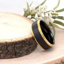 High Polished Edges Elegant Ring 8mm Gold & Black Tungsten Carbide Promise Band