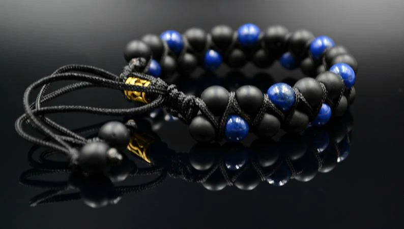 男式 Lapis lazuli Onyx 双排宝石手链 Macrame 礼物送给他 — 第 2/4 张图片
