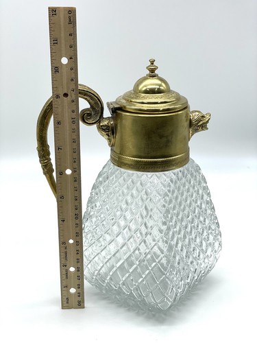 Vintage Decanter Diamond Cut Crystal Gold Tone Lion Head Spout Italy 10.5” - Picture 13 of 18
