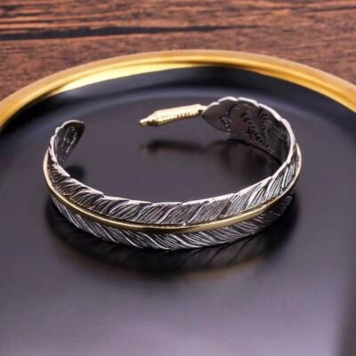 Women Men Retro Vintage 925 Sterling Gold Silver Feather Cuff