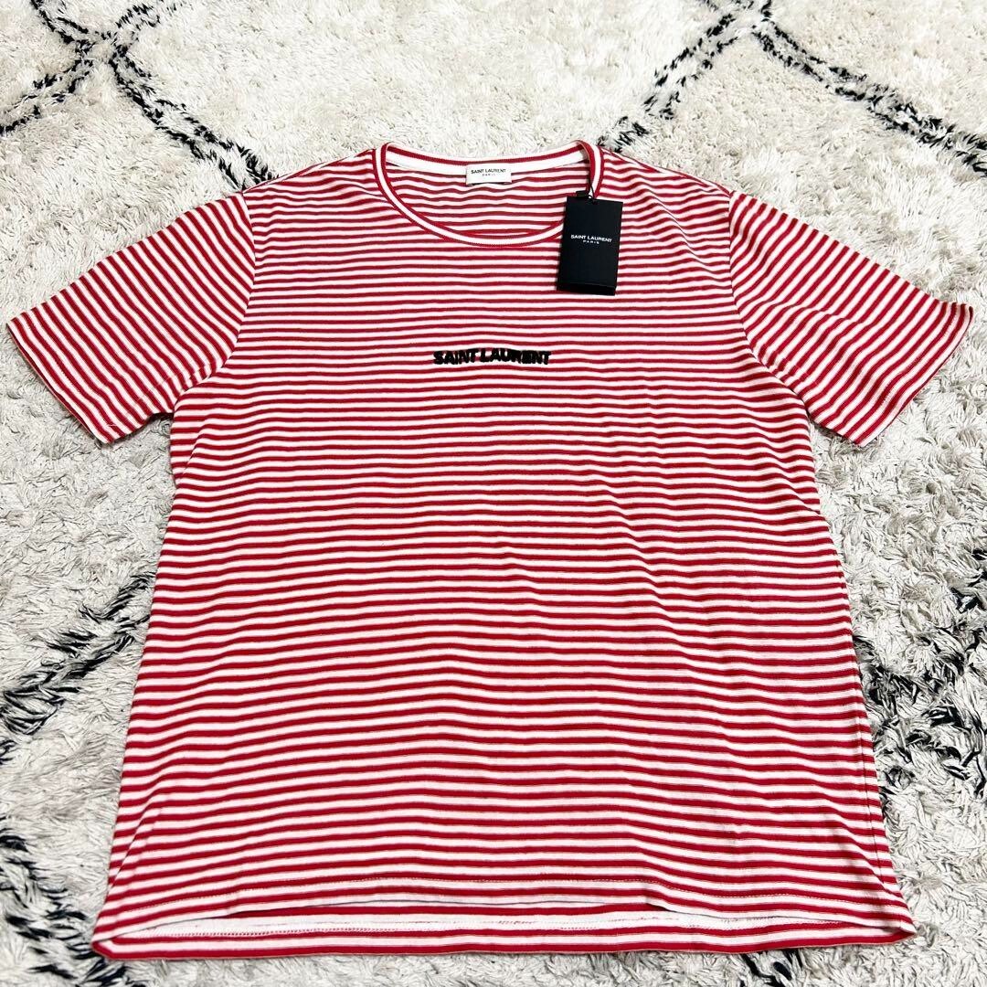 T shirt ricamo logo Saint Laurent manica corta bordo lavorata a maglia cucita taglia M