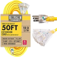 50 Ft Outdoor Extension Cord with 3 Outlet, 12/3 Weatherproof 50 Ft Yellow Exten