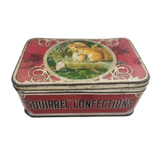 Vintage Squirrel Confections Tin Confectionery Stockport England Red Hinged Lid