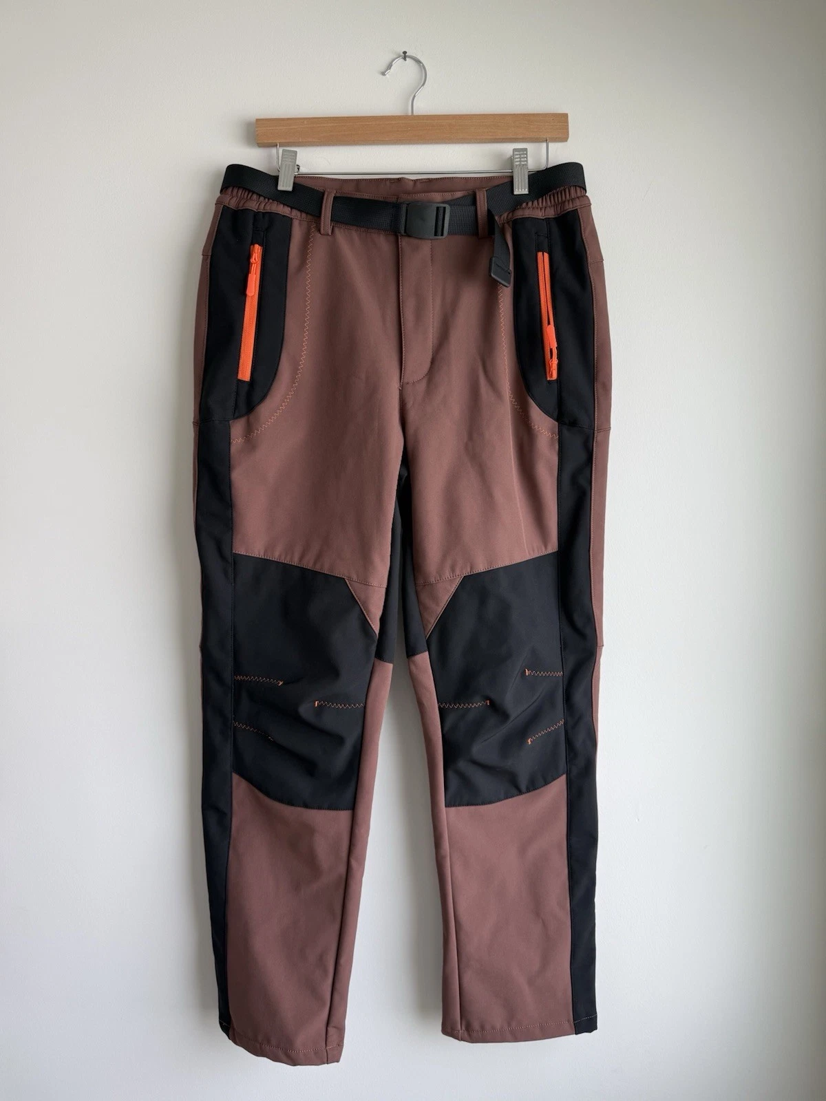 Men’s Outdoor Softshell Hiking Pants Brown Black Fleece Lined Belted NWOT Size M